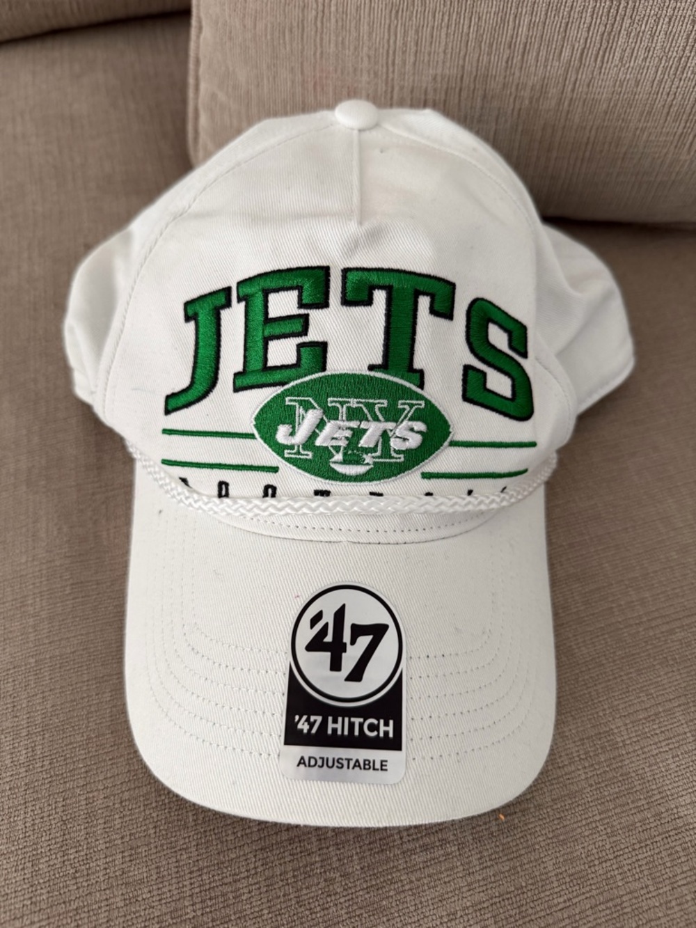 47 White New York Jets Hat with Green Undervisor and Black Sweatband